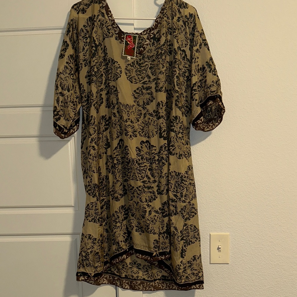Johnny Was Olive and Black Midi Dress